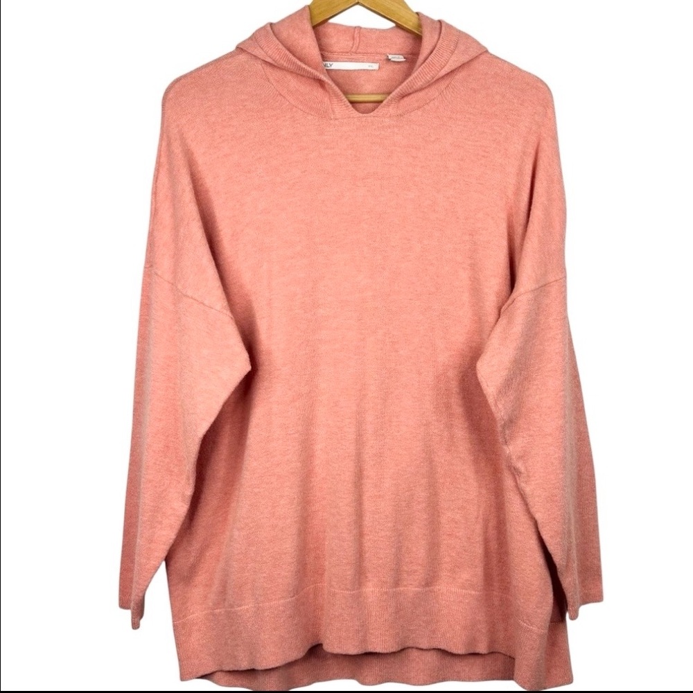 Only Peach Coloured Viscose Fleece Knit 3/4 Sleeve Loose Fit Hooded Pullover XXL